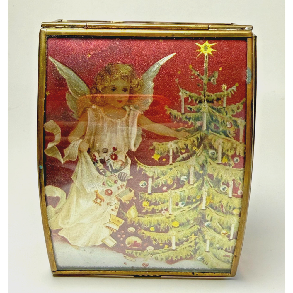 Via Vermont Stained Pink Glass Brass Trinket Box Foil Victorian Angel Xmas Tree